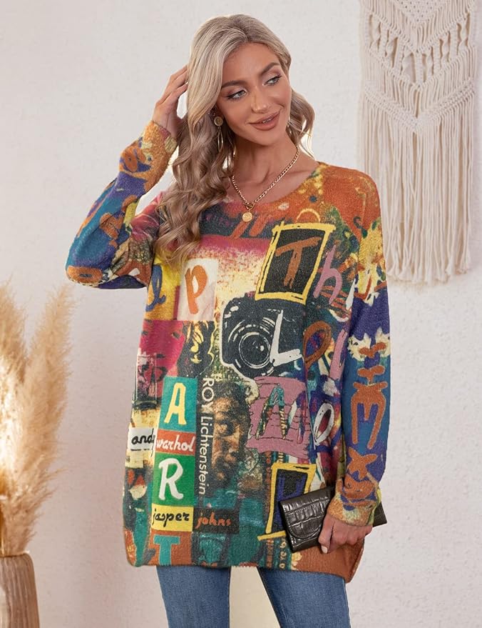 YESNO Women Christmas Sweater Graphic Printed Oversized Pullover Sweaters Casual Loose Knit Tops S01