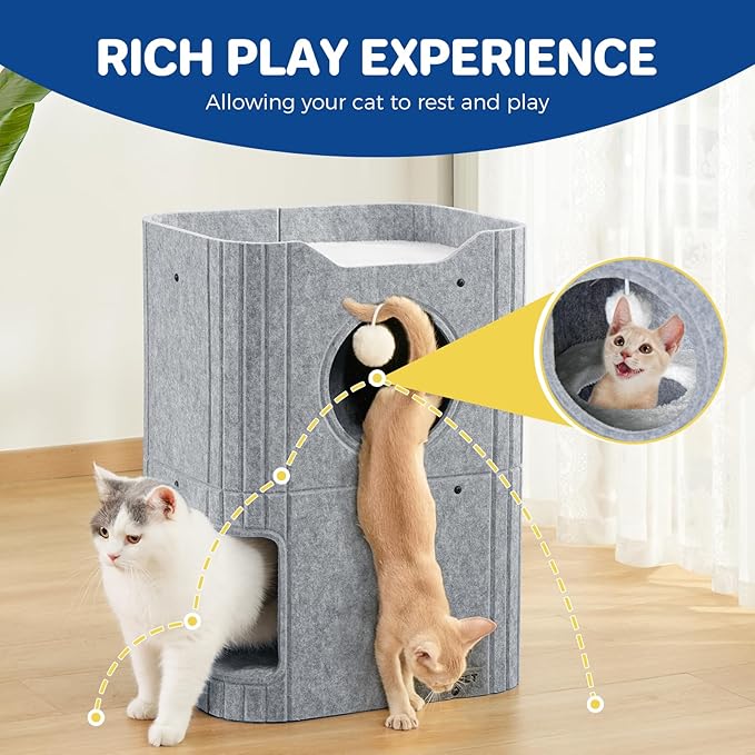 Cat House for Indoor Cats, 2-Storey Cat Bed Cave, Felt Cat Hideaway Condo with Resistant Scratching Freedom Kitten Cube for Multicats Gray