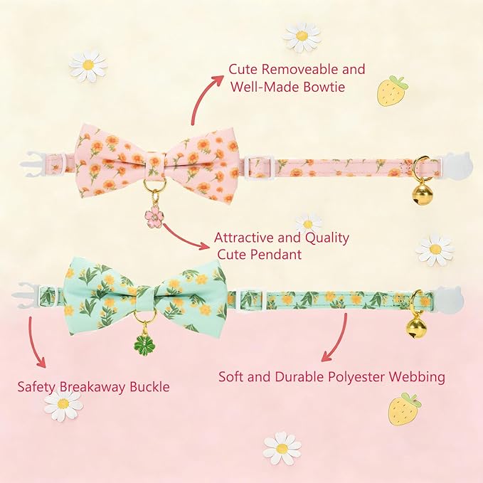 2 Pack Floral Cat Collars with Bow Tie and Bell Adjustable Breakaway Bowtie Cute Kitten Collar(Green & Yellow Flowers)