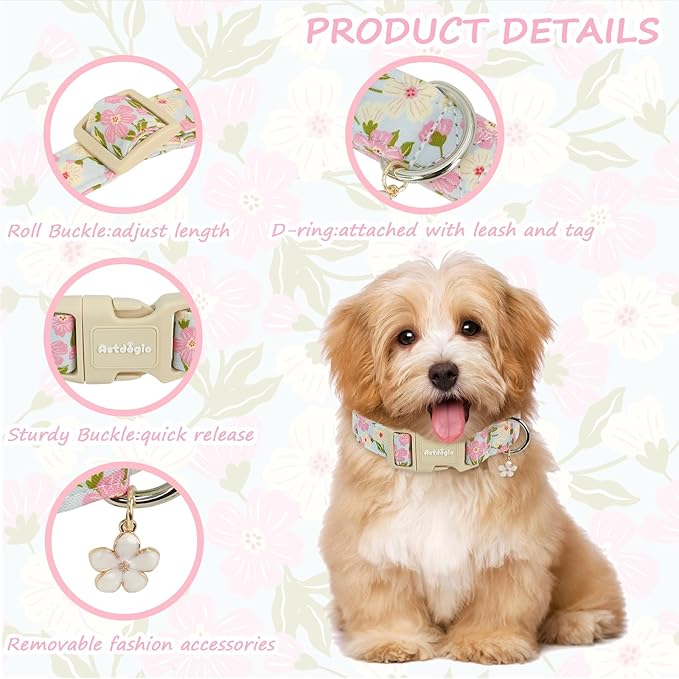 Dog Collar for Small Medium Large Dogs, Spring Blue Dog Collars with Pink & White Flowers, Adjustable Cotton Dog Collars, Cute Girl or Boy Dog Collar Ideal for Gifts,Pet Accessory,L