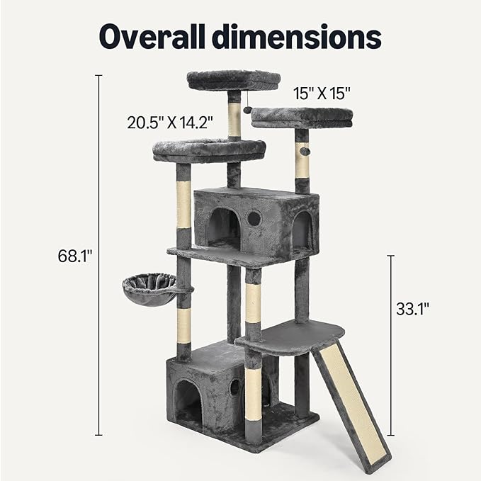 Amazon Basics Large Cat Tree Tower, Multi-Level Activity Center with 2 Large Condos, Multiple Sisal Scratching Posts and Hanging Pompoms, Gray, 68 Inches
