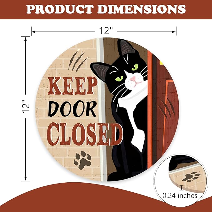 Keep Door Closed Tuxedo Cat Front Door Sign, Funny Wood Hanger Bedroom Porch Decor Pet Owner Lover Gift, Beware of Cat Wooden Wreath Indoor Wall Hanging Home Office Decoration