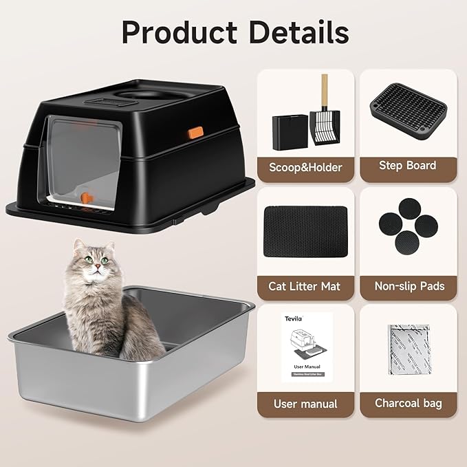 Extra Large Stainless Steel Litter Box with Lid, High Sided Enclosed Metal Cat Litter Pan, Dog Proof Front Entry Top Exit, Odor Control Easy Clean Leak Proof, Includes Mat, Scoop & Step, Black