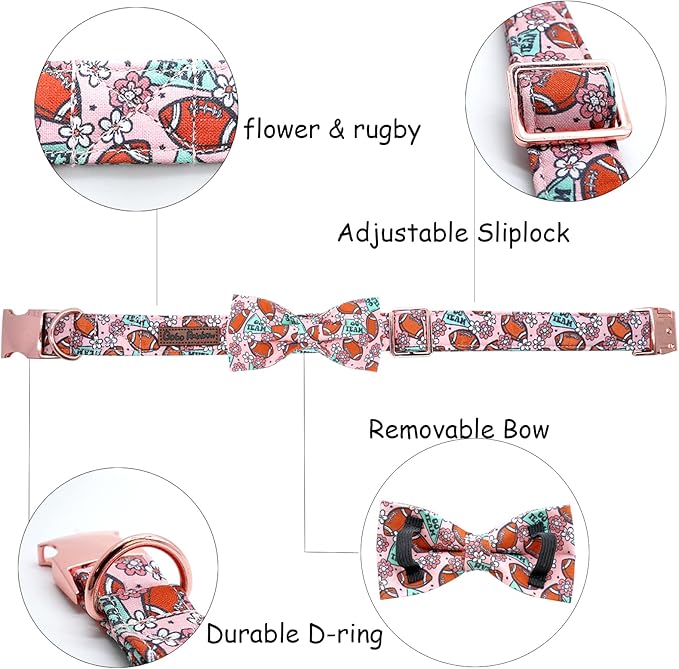 Dog Collar - Rugby with Flower Pet Collar Bows for Dogs Bowtie Pet Collar Adjustable Dog Collar Girl Boy Puppy Collar for Small Dogs