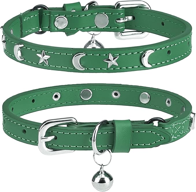 Leather Cat Collars for Boy Girl Cats with Bell and Safety Elastic Belt, Personalized Star and Moon Stud Adjustable Safe Buckle Collar for Kitty Small Big Cats Size 7-9 Inch, Green