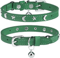 Leather Cat Collars for Boy Girl Cats with Bell and Safety Elastic Belt, Personalized Star and Moon Stud Adjustable Safe Buckle Collar for Kitty Small Big Cats Size 7-9 Inch, Green