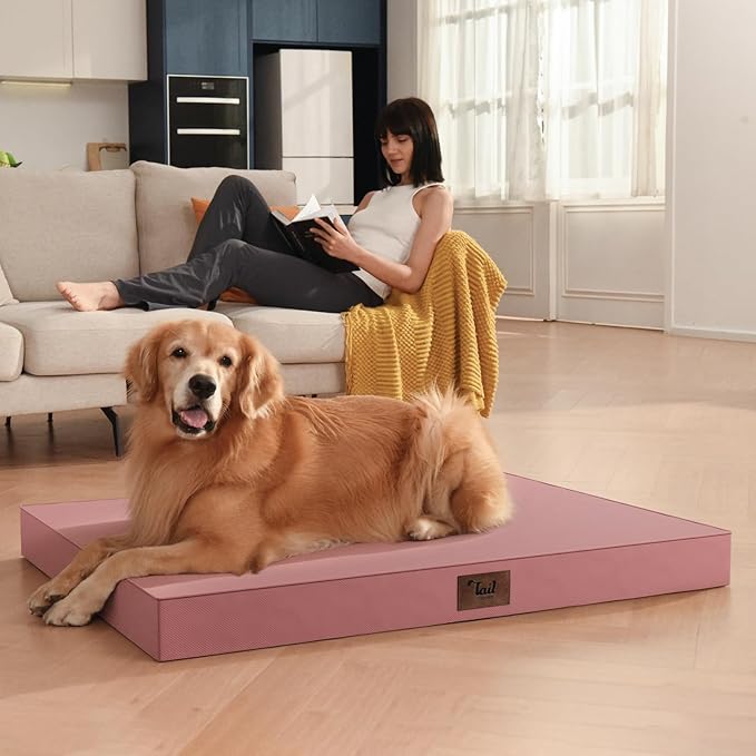 Outdoor Orthopedic Dog Bed, Waterproof Dog Bed for Large Dogs 36x27 Inch, Egg Crate Foam Pet Mat with Washable Removable Oxford Cooling Cover, Pink
