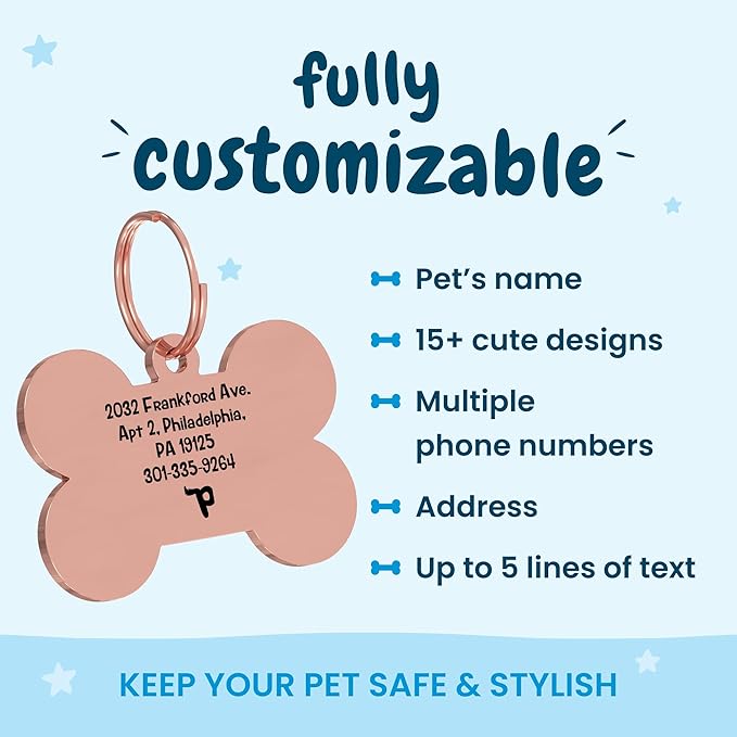 PawFurEver Dog & Cat Tags - Personalized Engraved Custom Name Tags - Stainless Steel - Rose Gold Bone Shapes