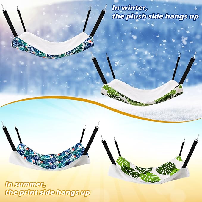 Jetec 2 Pack Cat Hammock for Cage, Catio Accessories Reversible Soft Cats Bed with Adjustable Straps and Hooks Double-Sided Linen and Fleece Hanging Hammock for Cats, Kitten(Monstera Leaf,M)