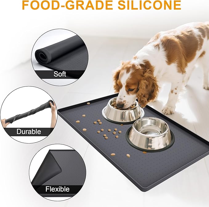 Mofason Pet Food Mat Waterproof Dog Mat 24”x16” Large – 0.5” inch Raised Edge,Cat Silicone Feeding Placemat Water Bowl Tray for Floors, Nonslip Washable Dog Mat for Food and Water