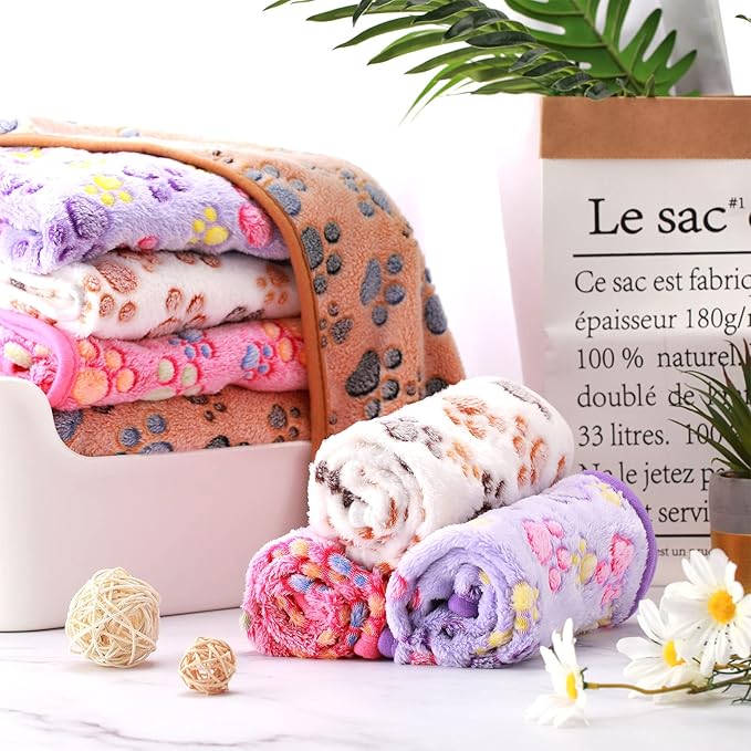 Tegeme 8 Pcs Fleece Dog Blankets for Small Dogs Cat Soft Coral Velvet Warm Sleep Mat Fluffy Dog Paw Print Blanket for Kitten Doggy Small Animal(30 x 41 Inch,Mixed Color)