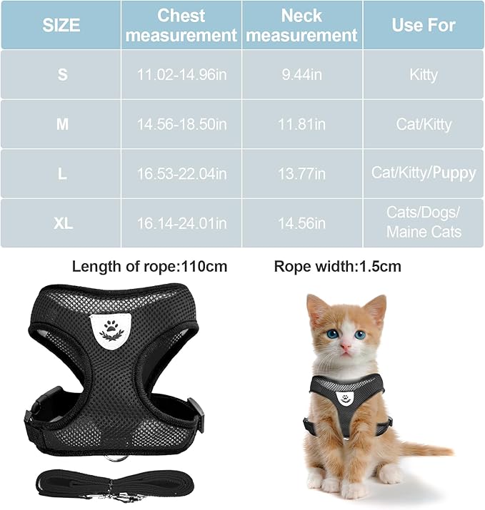 shudyear Summer cat Chest Harness and Leash, Anti-Escape Adjustable Soft mesh cat Leash and Chest Harness Set for All Types of Cats cat Vests (Size XL,Black)