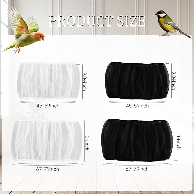 4 PCS Bird Cage Cover, Universal Bird Cage Seed Catcher, Adjustable Elastic Band Stretchy Skirts Mesh Cover, Reusable for Round and Square Cages (M, XL, Black, White)