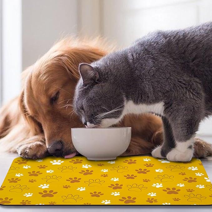 Dog Food Mat, Absorbent Water Bowl Mats Cat Pet Feeding Placemats Yellow 12 * 20 inch
