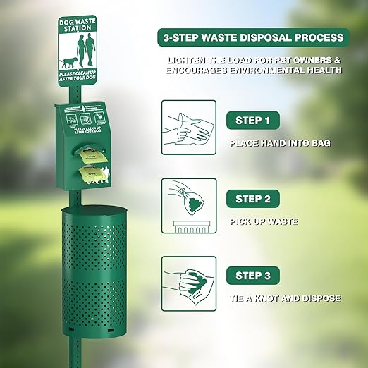 POCHAR Dog Waste Station Outdoor, Aluminum Rustproof Pet Poop Station with 600 Waste Bags & 50 Can Liners, Dog Park Equipment with Sign & Lid - Pet Poop Disposal System for Backyard
