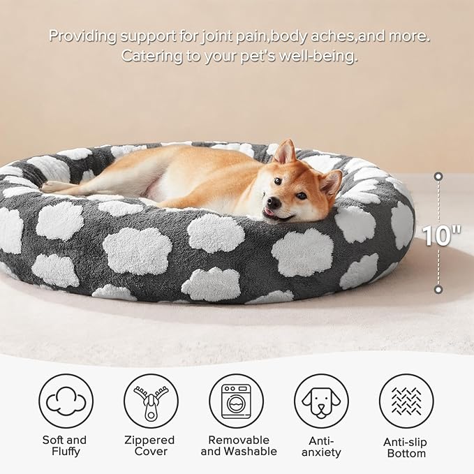 JOEJOY Donut Large Dog Bed, Cute Round Calming Dog Bed with Removable Washable Cover, Orthopedic Pet Beds with Jacquard Shaggy Plush & Non Skid Bottom, Black