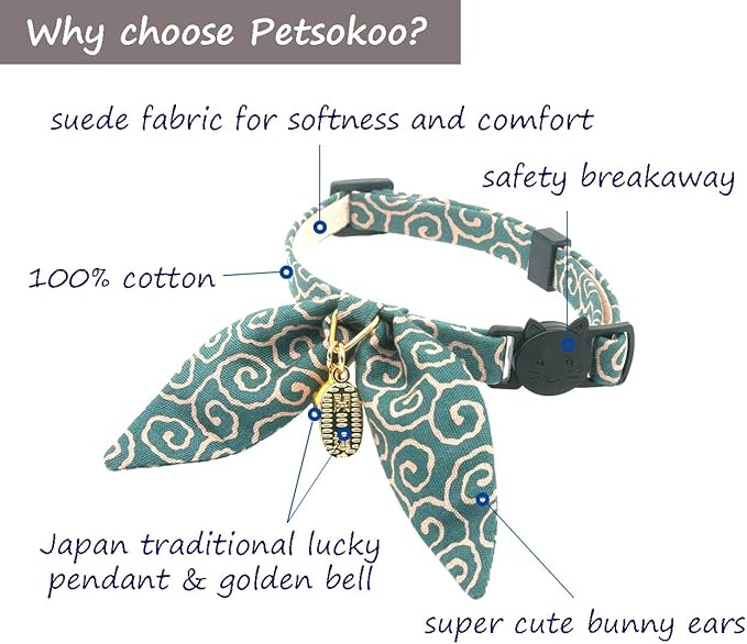 PetSoKoo Bunny Ears Cat Collar, Japan Lucky ‘開三運’ Charm. Safety Breakaway Bowtie Kitten Collar with Bell, Light Blue
