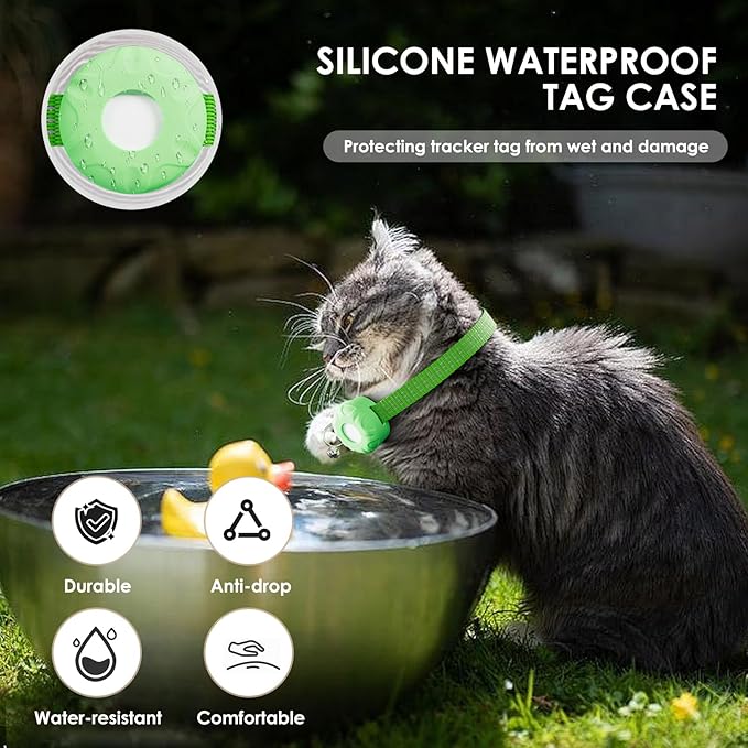 GPS Tracker for Cats, Cat Tracker, Compatible with Apple Find My App (Only iOS), No Monthly Fee, Waterproof, Breakaway Collar Included(White Tracker, Green Cat Collar)