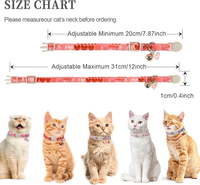 Unique style paws 2 Pack Valentine's Kitten Collar Breakaway with Bell&Pendant, Adjustable Safety Red Lip Rainbow Cat Cotton Collar for Girl Boy Cat and Small Pet