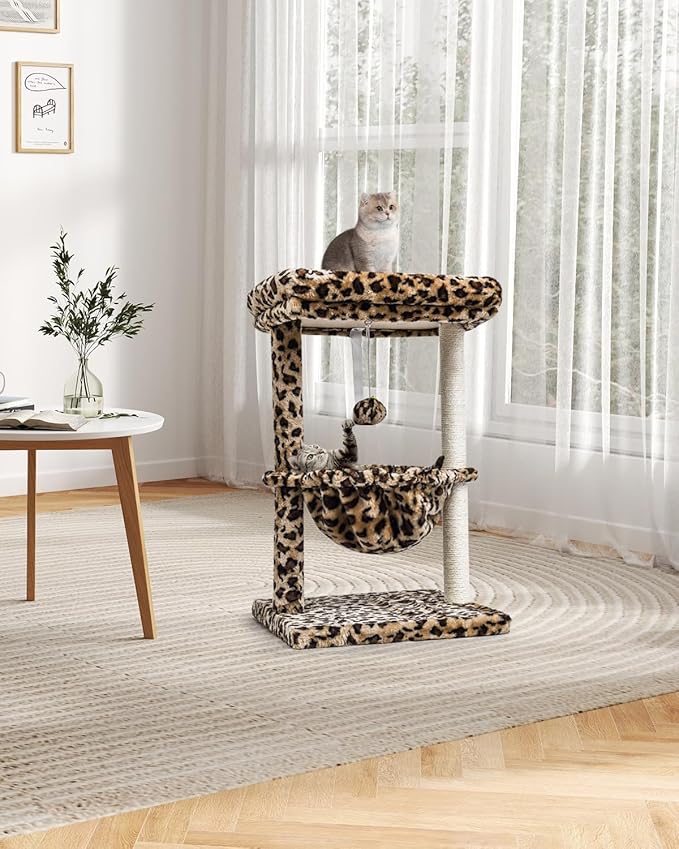 SYANDLVY Small Cat Tree for Indoor Cats, Unique Cheetah Leopard Print Cat Tree Tower for Kitties, Condo Furniture with Hammock & Sisal Scratching Posts