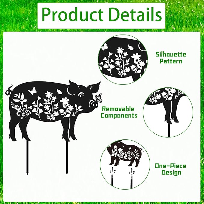 Pig Metal Garden Stakes Yard Decor, 3PCS Pig and Butterfly Silhouette Outdoor Garden Decor for Yard Art, Patio, Outside, Lawn Ornaments