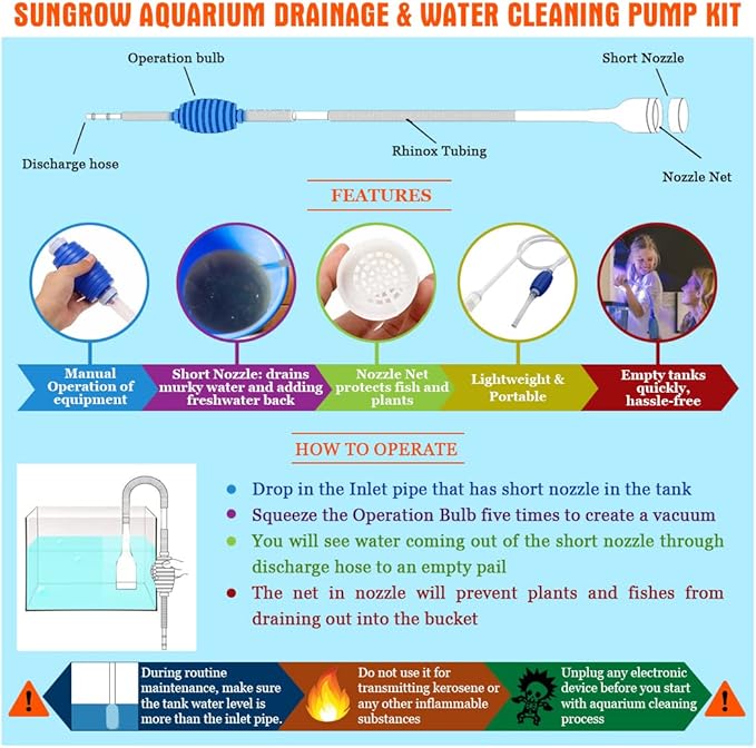 SunGrow Water Siphon Pump for Fish Tank with Priming Bulb, 3.5" Nozzle Net, 65-Inches, Long Nozzle Sand Cleaning Kit, Fish Gravel Vacuum to Clear Water, Aquarium Siphon Tank, 2-Minutes to Assemble