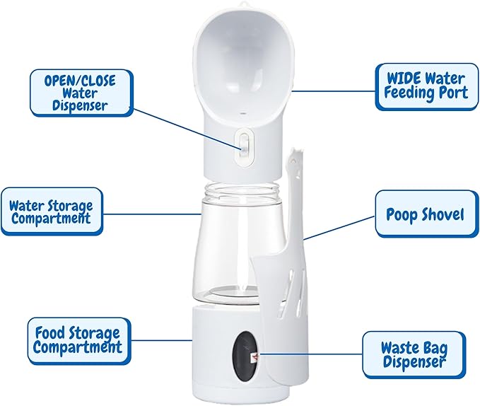 All-in-One Portable Dog Water Bottle, Food Dispenser, Poop Bag Dispenser, Dry/Wet Food Container 7 oz., Travel Water Bottle 9oz., 2 Poop Bags Included, Food Grade Plastic, Leak Proof-Grey Color