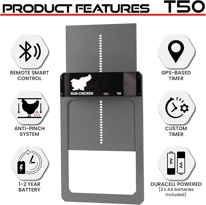 RUN-CHICKEN Door T50 – Automatic Chicken Coop Door Opener, Battery Powered & Weatherproof Aluminum, Smart App & Timer Control, Predator Proof, Easy Install, Reliable All-Season Performance (Gray)