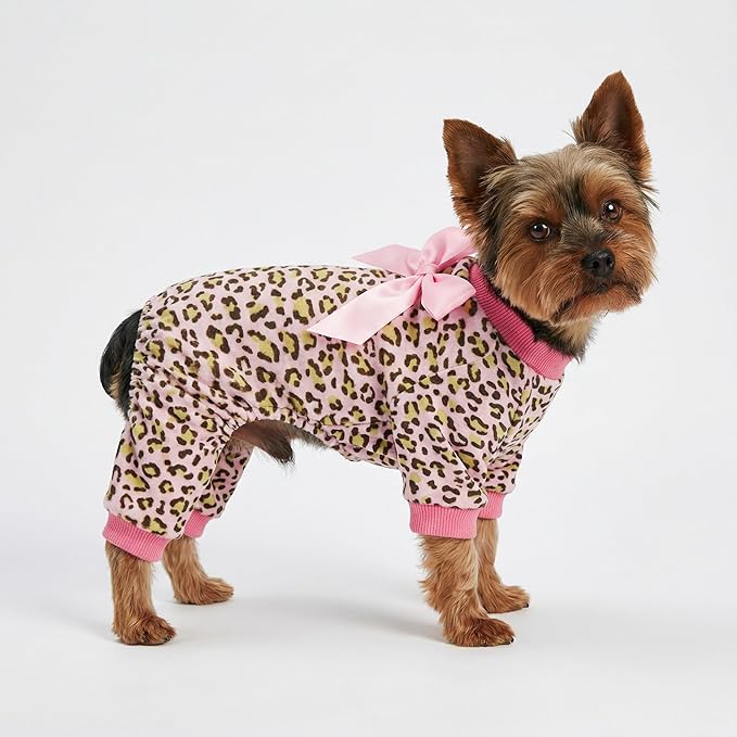 Fitwarm Leopard Dog Pajamas, Fleece Dog Clothes for Small Dogs Girl with Legs, Pet Onesie, Cat Outfit, Pink, Medium