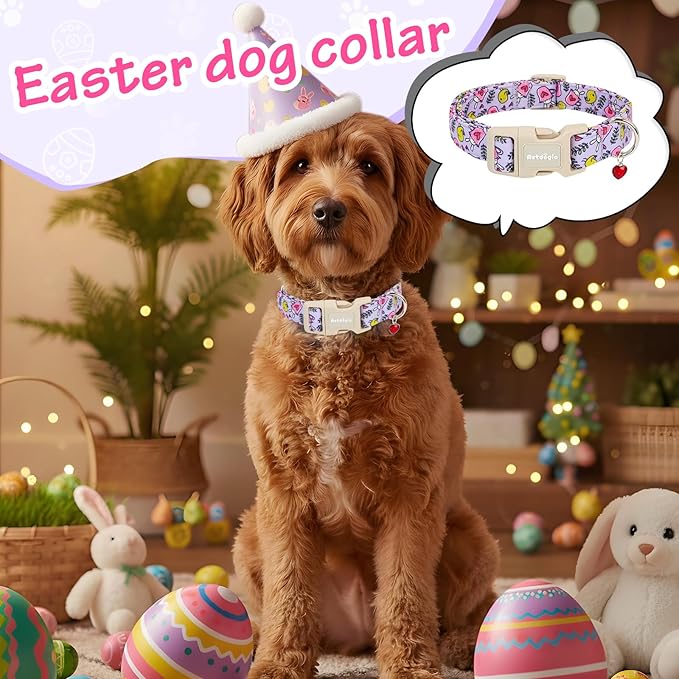 Easter Dog Collar for Large Dogs, Easter & Spring Theme Large Dog Collar with Cute Chick & Bunny Pattern, Adjustable Purple Easter Dog Collars Girl Boy Collar for Dogs -L