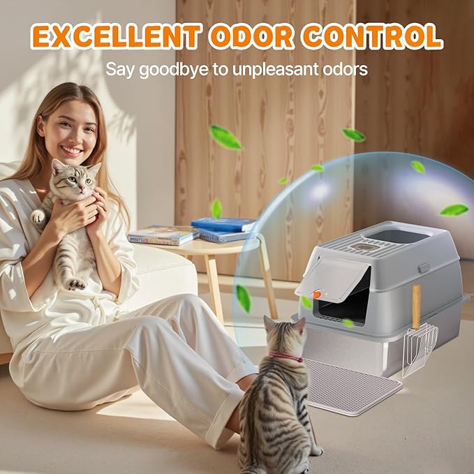 Stainless Steel Litter Box with Lid, 6” Deep Pan, Extra Large Litter Box for Big Cats, Anti-Leakage, Odor Free, Front & Top Dual Entry, Includes Litter Mat & Metal Scoop