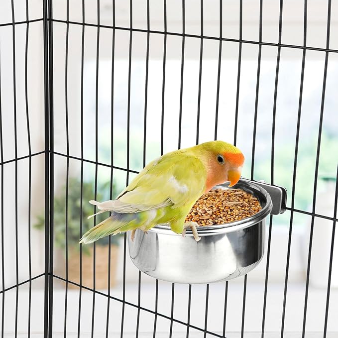 Hypeety Pet Bird Food Feeding and Drinking Hanging Cup Clamp Holder Stainless Steel Hanging Bowl for Parrot Macaw African Greys Budgies Parakeet Cockatiels Conure Lovebirds Finch Pigeon Cage