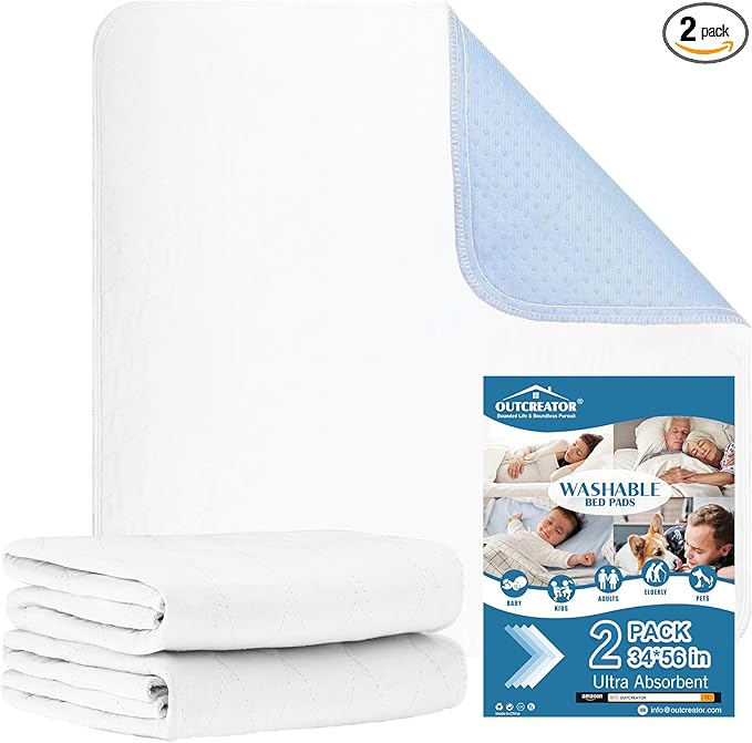 OUTCREATOR® Washable Bed Pads 34" x 56" (Pack of 2), Incontinence Mattress Protector, Anti-Slip Waterproof Underpads for Adults Kids Elderly Pets, Absorbency & Reusable Bedwetting Pads (White)