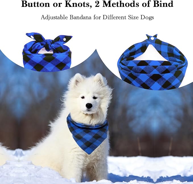 Christmas Plaid Dog Bandana with Button, Fall Dual Layer Scarf Soft Cotton Triangle Bib Girls and Boys Kerchief Adjustable Accessories for Small Medium Large Extra Large Dog Puppy Pet Cat