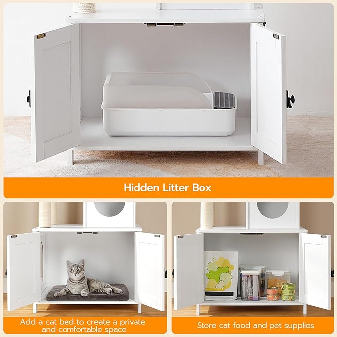 HOOBRO Cat Tree Tower with Litter Box Enclosure for Indoor, Wooden Cat Condo with Scratching Posts, Litter Box Furniture Hidden, All-in-One Cat House, White WT15MZ03