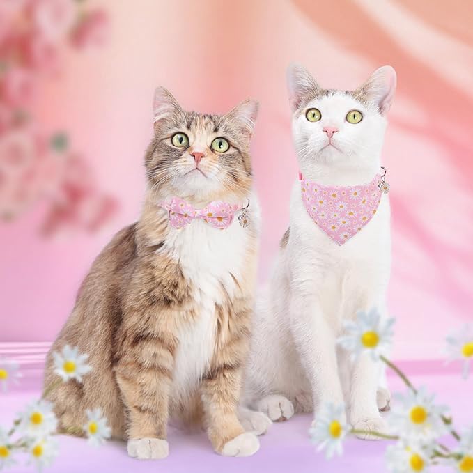 SCENEREAL Spring Cat Collar Breakaway with Bells, 2 Pack Cute Flower Pet Collar with Removable Bow Tie and Bandana, Adjustable Safety Buckle with Daisy Pendants for Girl Cats Kitten