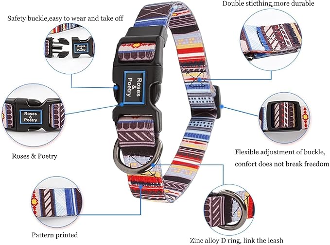 Roses&Poetry Dog Collar with Colourful Stripe Patterns, Adjustable Durable Puppy Collars for Small Medium Large Dogs (Stripe-L)