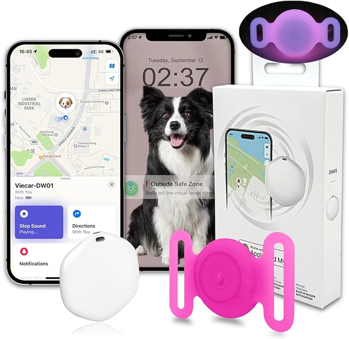 GPS Tracker for Dogs, Mini GPS Pet Tracker with Silicone Cover, IPX8 Waterproof GPS Tracker for Kids,No Monthly Fee,Work with Apple Find My(iOS Only),Dog Tracker Finder Tracker Pets-YGPink-5