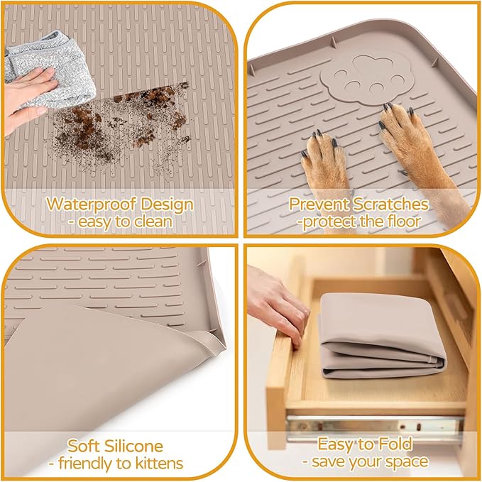 Lanstics Dog Food Mat, 40" x 28" Large Silicone Mat Dog Feeding Mat with Raised Edge Non-Slip Pet Feeding Mat for Food and Water Bowl, Easy to Clean, Floor Protection (Khaki)