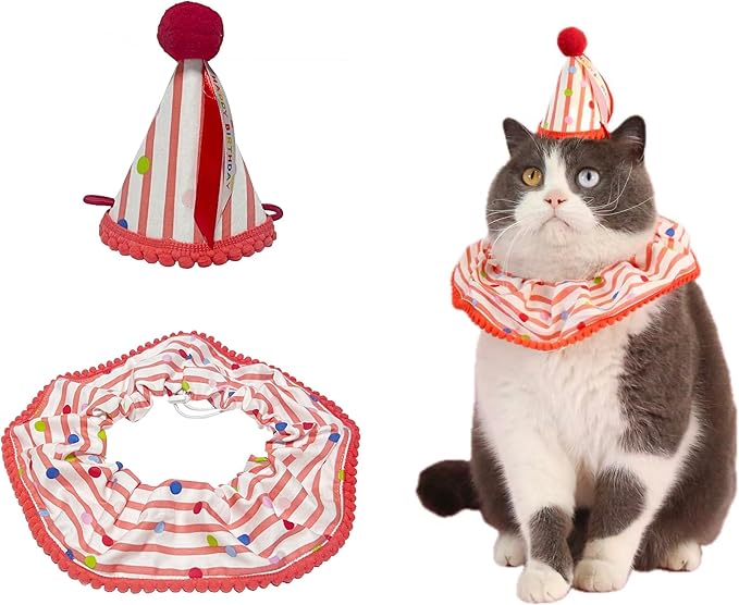 Cat Dog Birthday Bandana Scarf and Party Hat Cute Polka dot and Stripe Bib Scarf and Birthday Hat Cat Puppy Birthday Party Decorations Set