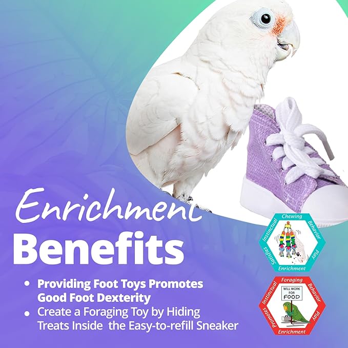 Super Bird Creations SB50009 Sneaker Bird Toy - Durable Safe Chew Toy - Ideal for Cockatiels Parakeets Parrots Small to Large Birds, Encourages Foot Dexterity - Vibrant Colors 3"x1-1/2x1-3/8" (6 Pack)