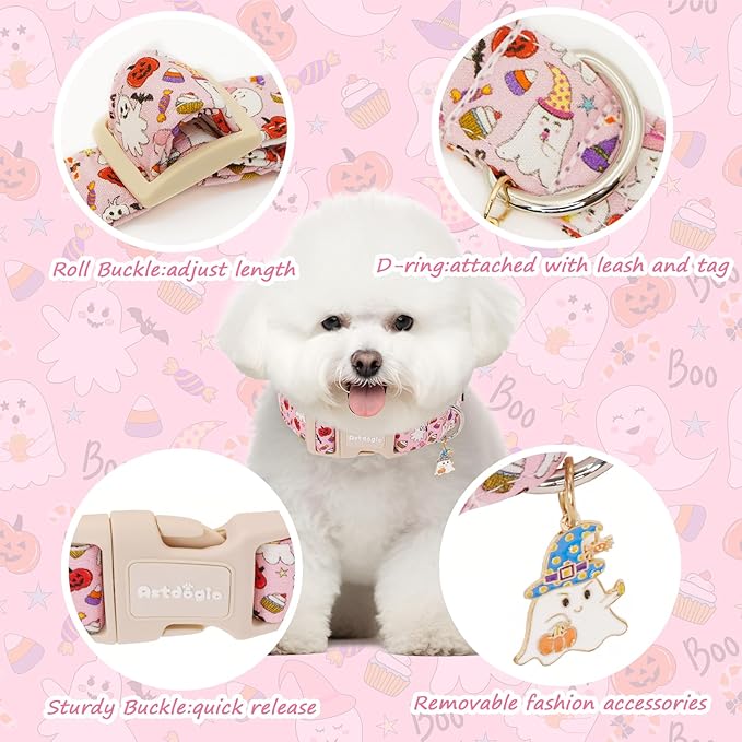 Halloween Dog Collar, Fall Dog Collars for Extra Small Dogs, Cute Pink Puppy Collar with Adorable Ghost & Pumpkin Design, Soft Cotton Extra Small Dog Collars Girl Boy Dog Collar-XS