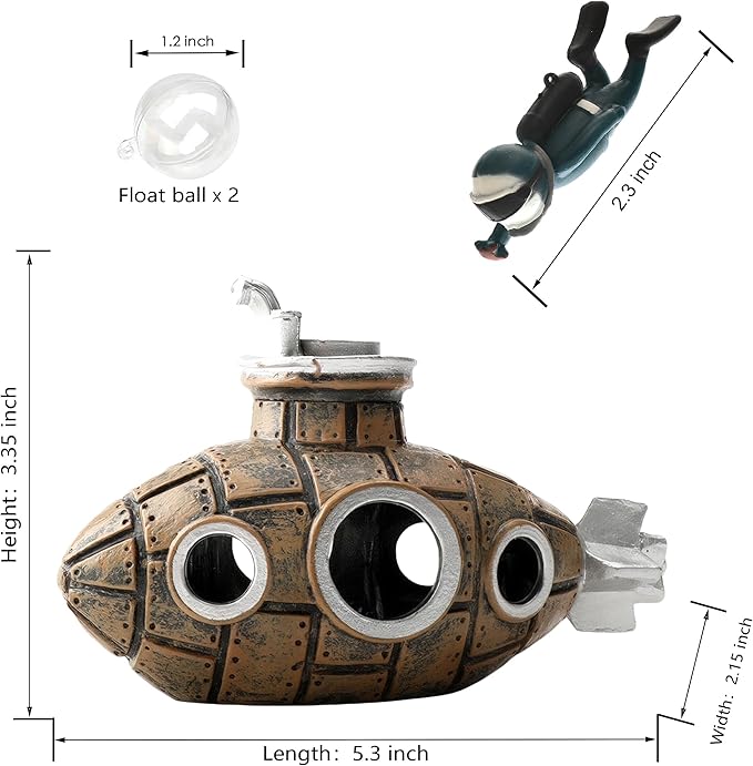 Floating Fish Tank Decoration, LittleCute Retro Submarine AquariumDecoration with Two Float Balls,Resinous Fish Tank Accessorie