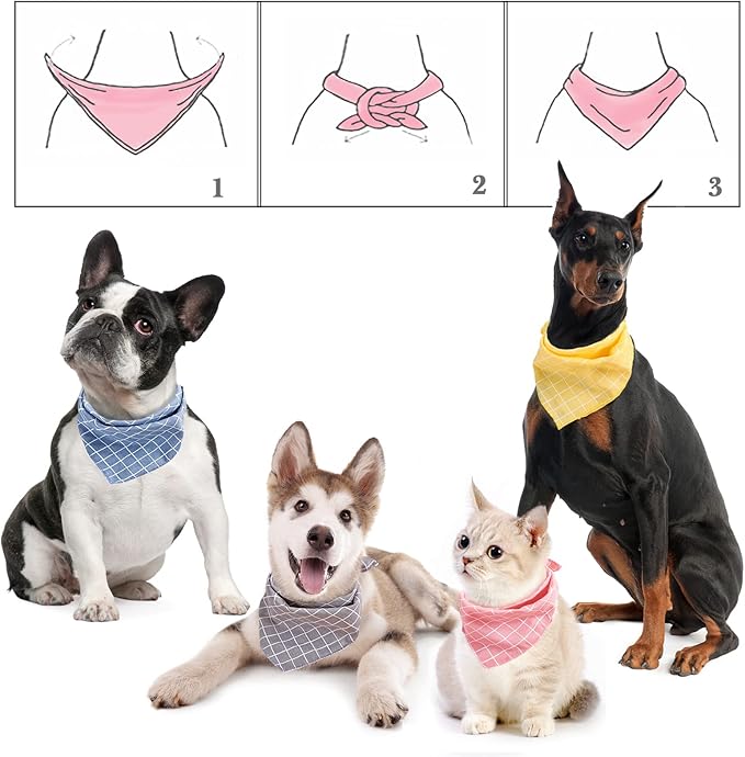 4PCS Spring Dog Bandanas Cat Birthday Cute Soft Cotton Puppy Scarfs Washable Daily Handkerchief Pink Yellow Blue Grey Comfortable Gifts, Adjustable Accessories for Small Medium Large Girl Boy Pup Pet