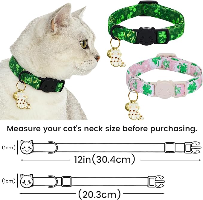 St. Patrick's Cat Collar-2 Pack Collars Pink and Green Four-Leaf Clover&Trefoil Print Breakaway with Kitten and Bell Pendant Safety Buckle Adjustable Pet Collar for Cats and Small Pets
