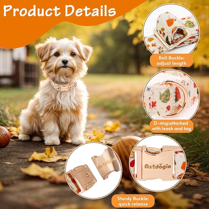 Autumn Dog Collar，Soft Cotton Handmade Pet Collar with Autumn Tea Party Design for Small Medium Large Dogs, Adjustable Collars for Fall Walks，Tea-Time Adventures & Fireside Snuggles -M
