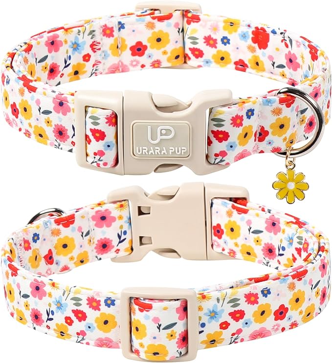 Floral Dog Collar, UP URARA PUP Colorful Floral Adjustable Pet Collar with Flower Charm, Spring Daily Dog Accessories for Small Medium Large Dogs