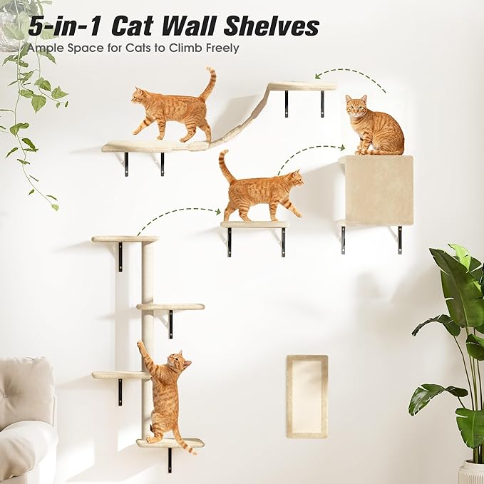 COZIWOW Wall Mounted Cat Furniture, Cat Wall Shelves and Perches, Floating Cat Shelves for Wall Set of 5(Beige)