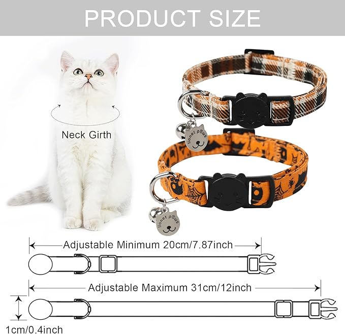 Lionet Paws 2pcs Pack Cotton Cat Collar,Breakaway Buckle with Halloween and Brand Pendant Cute Adjustable Cat Kitten Collar,Ideal for Girl Cats