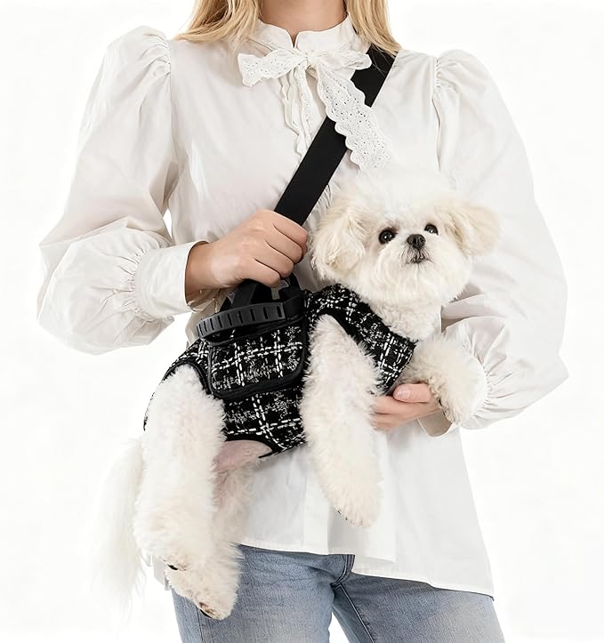 Dog Lift Harness Dog Carrier Adjustable Carrier Sling for Small and Medium Cats with Small Pet Treat Bag Outdoor Hiking (Black L 8-14lb)
